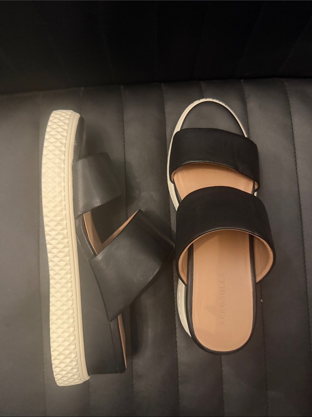 AEROSOLES Black Double-Band Platform Slide Sandals with Cream Sole
